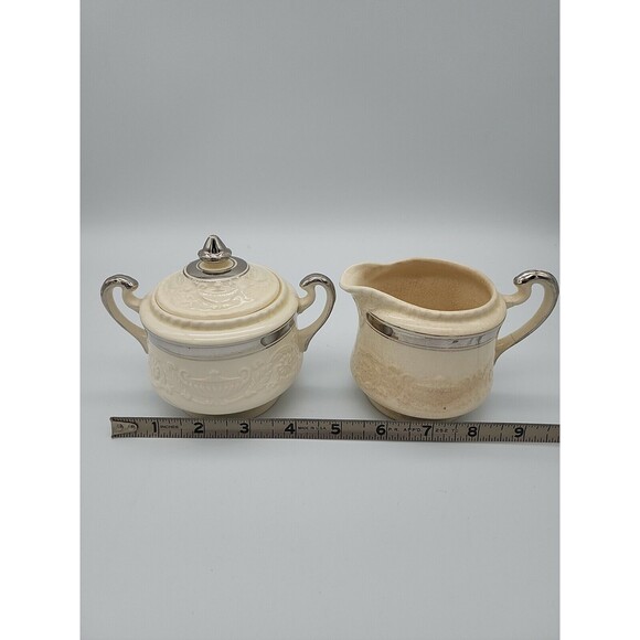 ADAM ANTIQUE by STEUBENVILLE Sugar Bowl w Lid & Creamer Cream with Silver TrIm - Picture 10 of 12